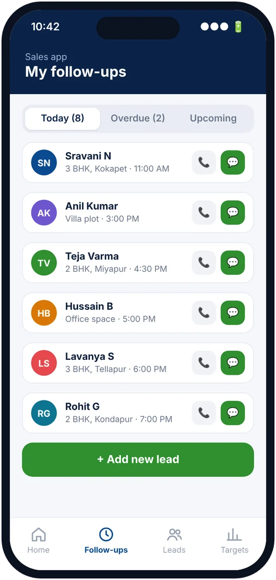Sales app with today's follow-ups and call and WhatsApp buttons