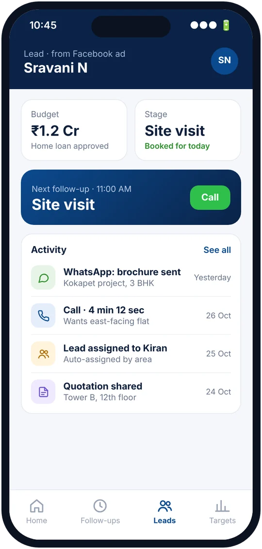 Lead details screen with stage and activity history