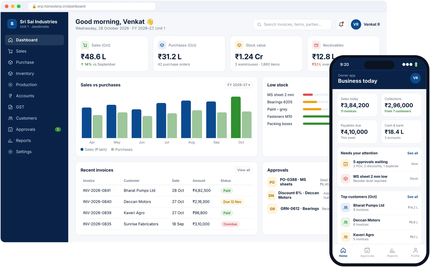 Honest ERP Software dashboard on a laptop with the mobile app