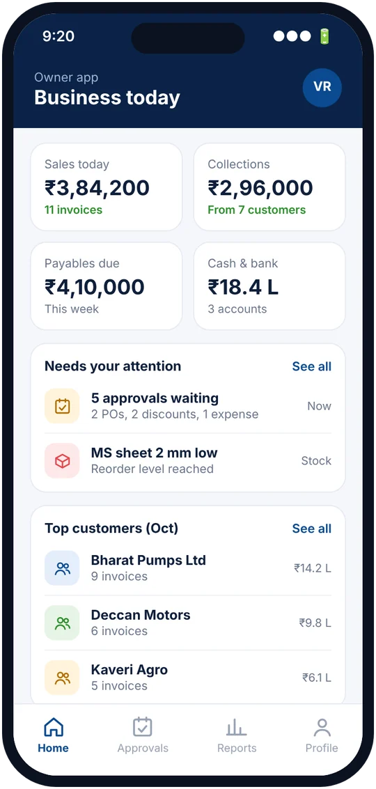 Owner app showing today's sales, collections and approvals