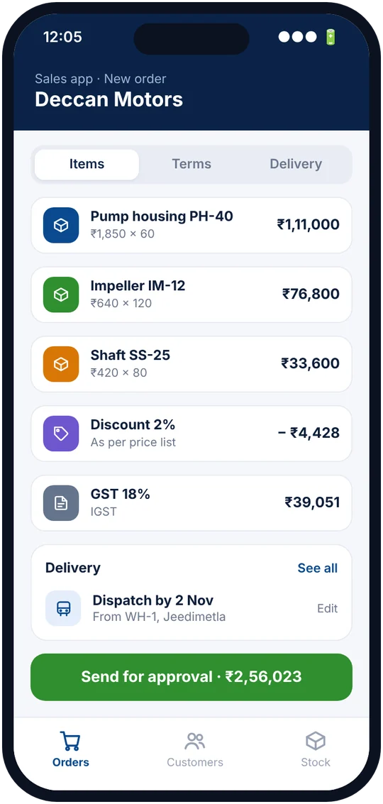 Sales app creating an order with items, discount and GST