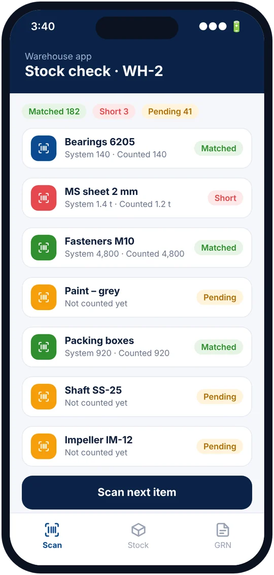 Warehouse app doing a stock check by scanning items