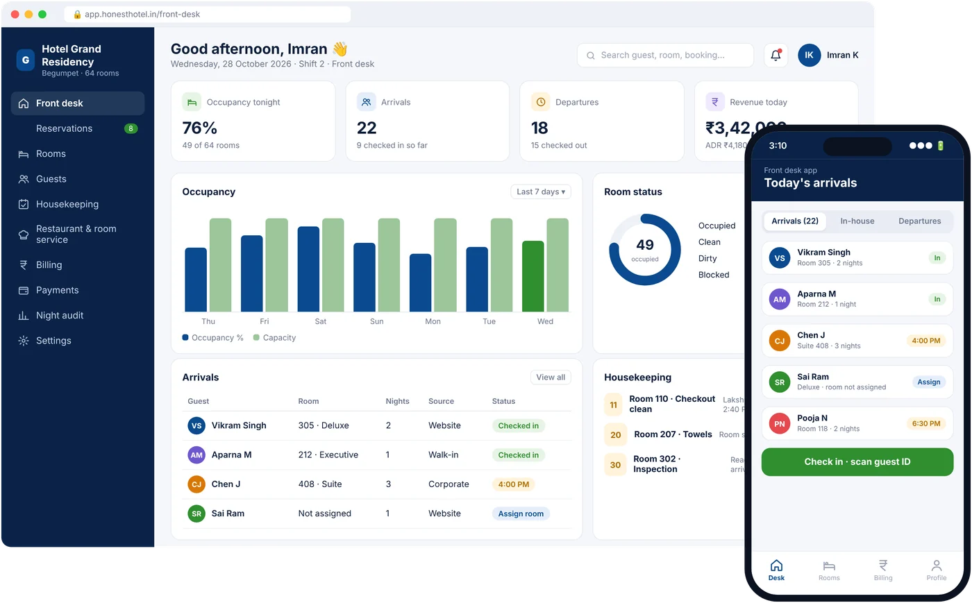 Honest Hotel Booking Software dashboard on a laptop with the mobile app
