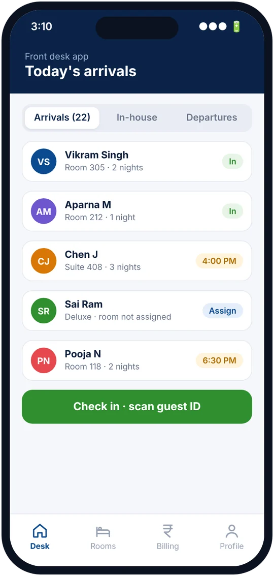 Front desk app with today's arrivals