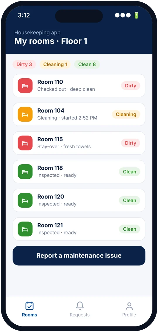 Housekeeping app showing room cleaning status