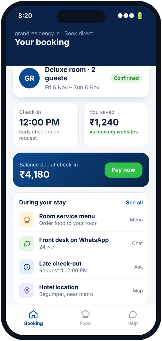Guest booking screen with balance due and stay details