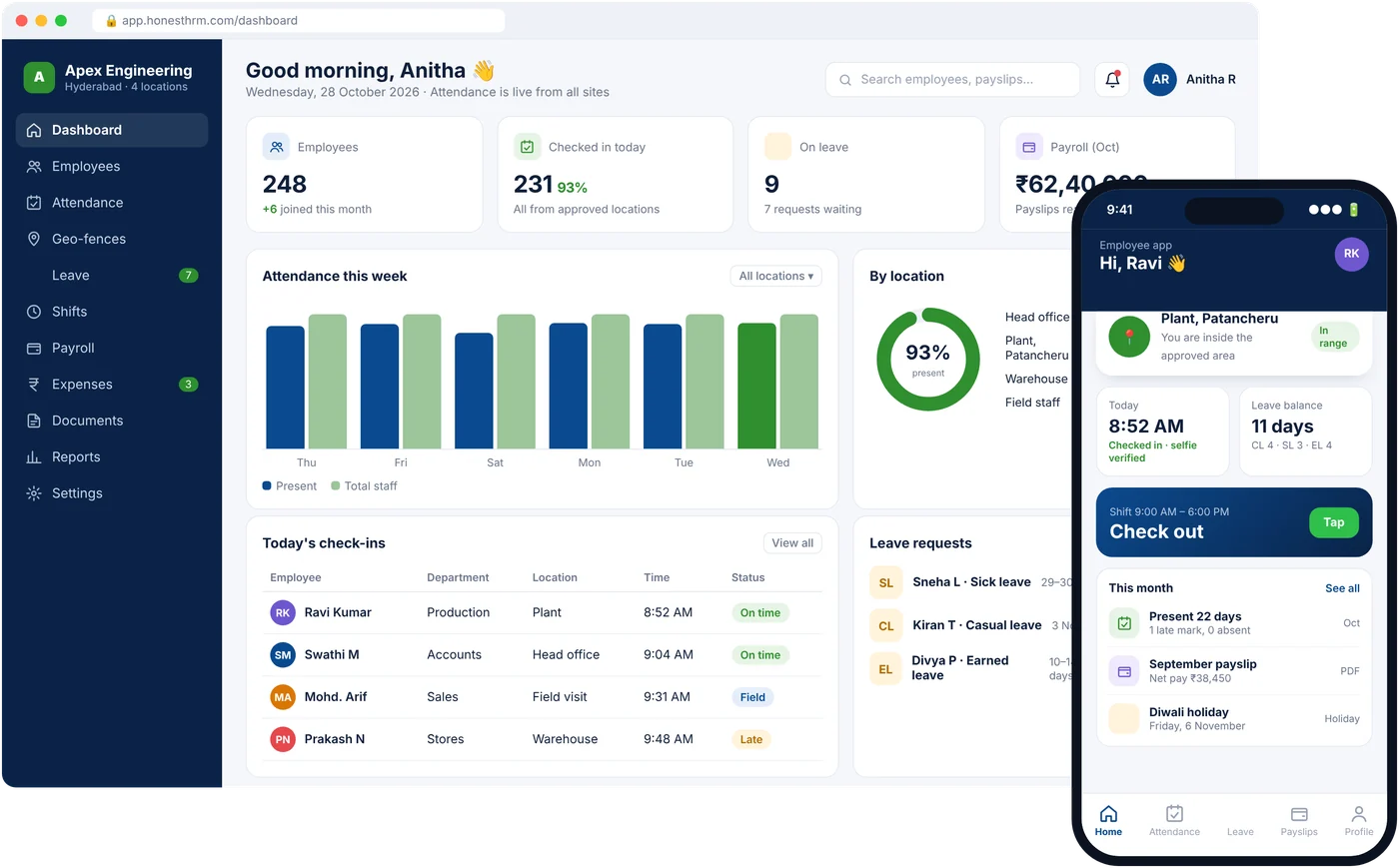 Honest HRM Software dashboard on a laptop with the mobile app