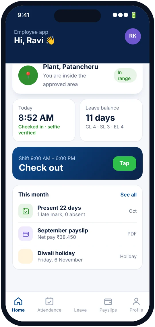 Employee app showing check-in inside the approved location and leave balance