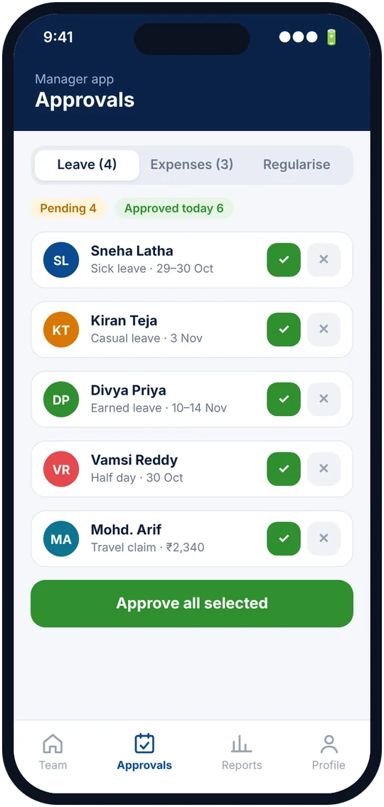 Manager app showing leave and expense approvals