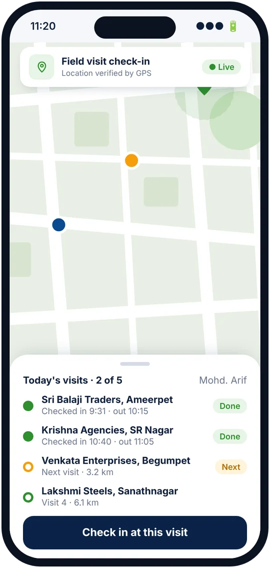 Field staff app showing a map with today's customer visits