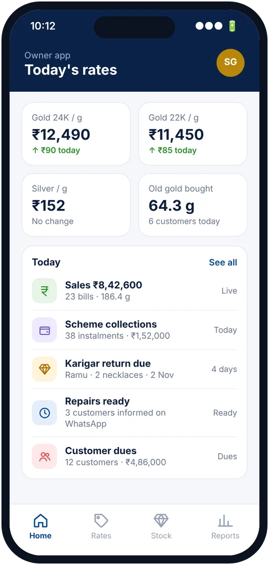Owner app showing today's gold and silver rates