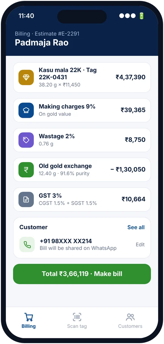 Jewellery bill with weight, making charges, old gold exchange and GST