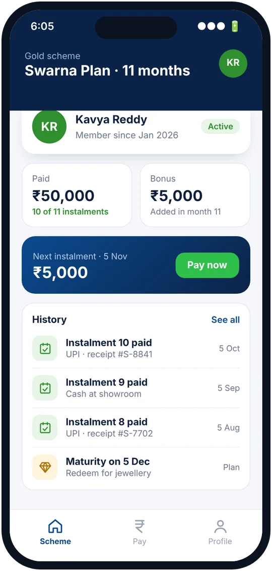 Gold scheme app showing instalments paid and next due