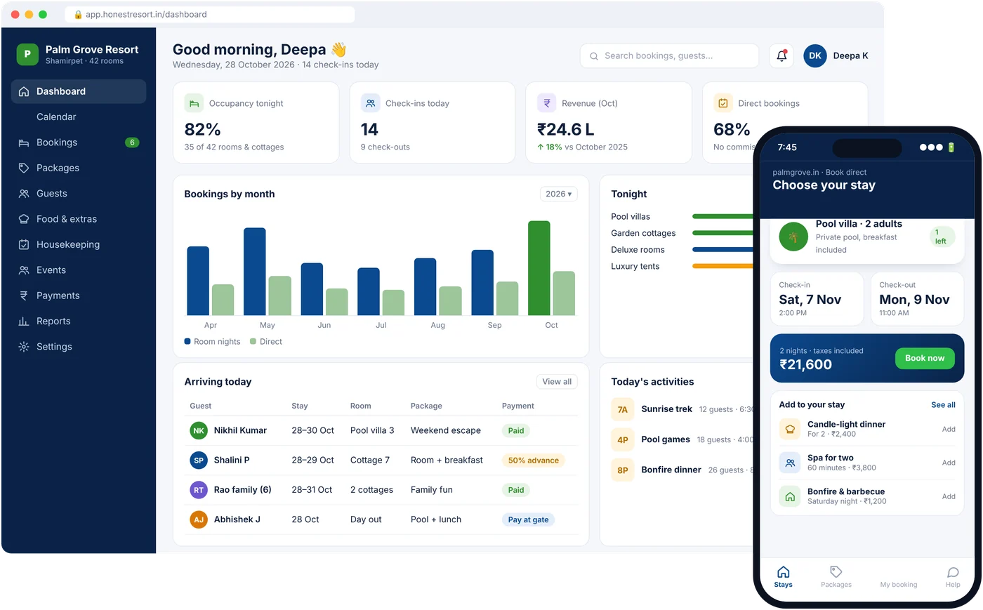 Honest Resort Booking Software dashboard on a laptop with the mobile app