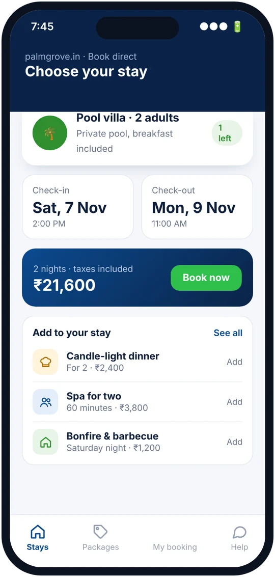 Guest booking screen with dates, pool villa and add-ons