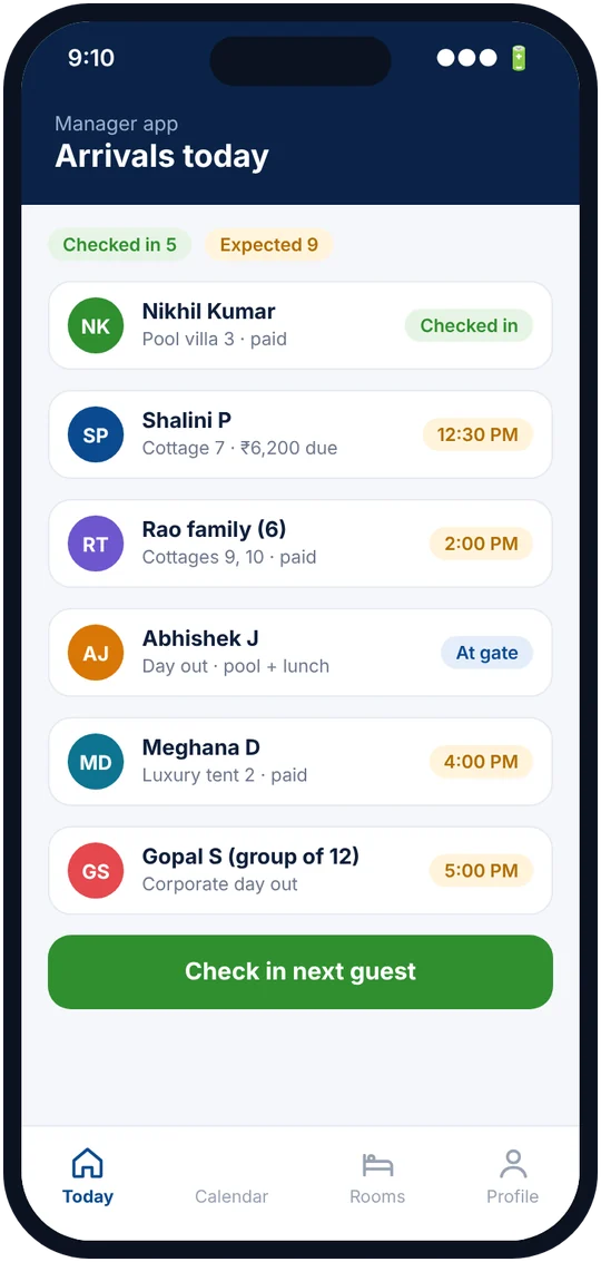 Manager app showing today's arrivals