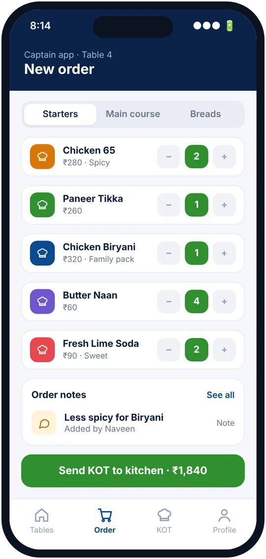 Captain app taking a table order