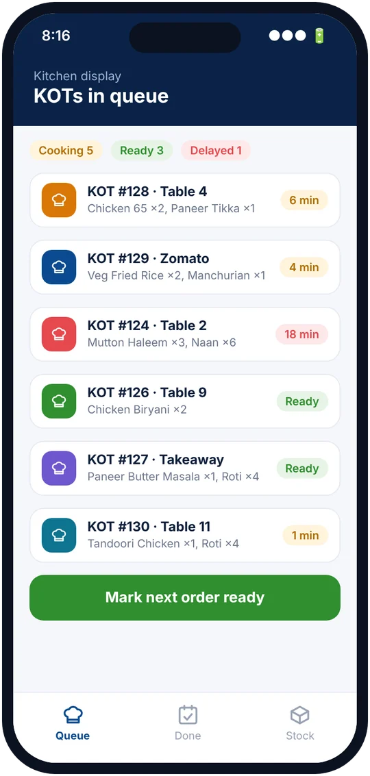 Kitchen display showing orders in queue with cooking times
