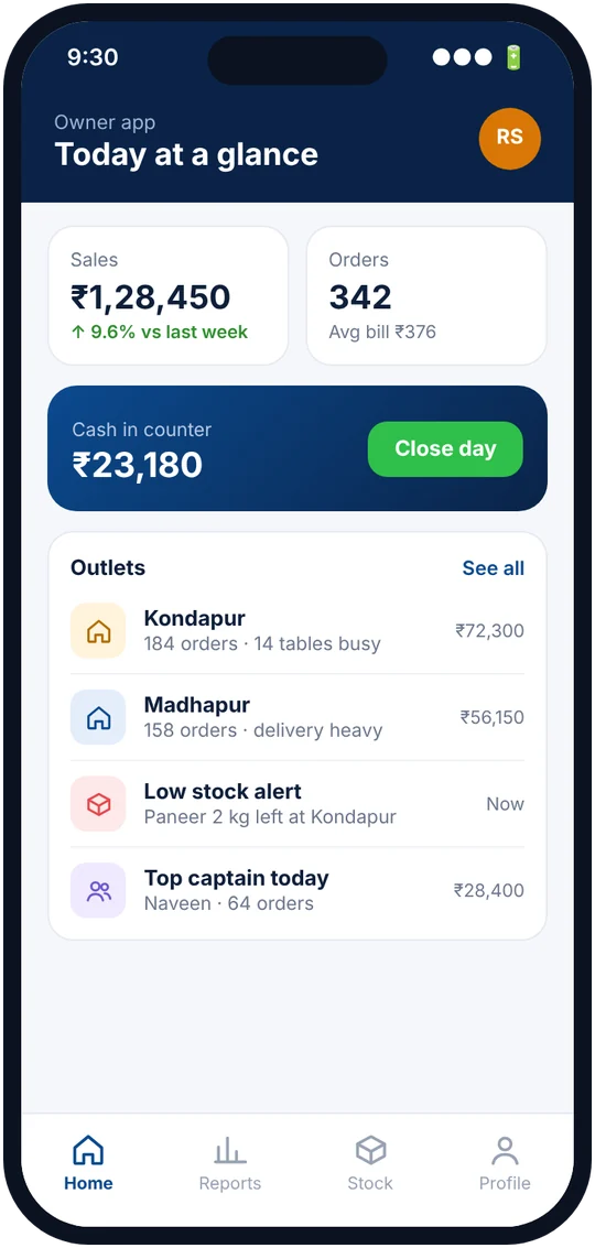 Owner app showing today's sales for two outlets