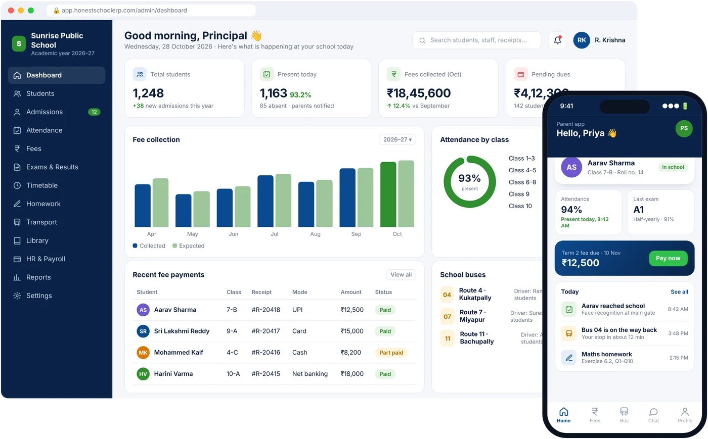Honest School ERP admin dashboard showing students, attendance, fee collection and school buses, with the parent app on a phone