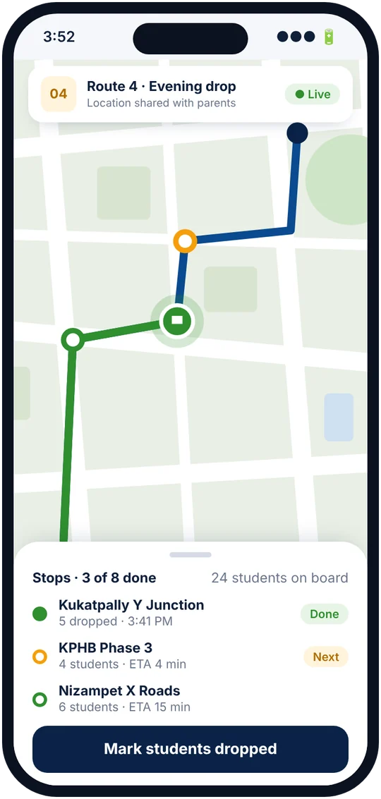 Driver app screen with live route map and bus stops