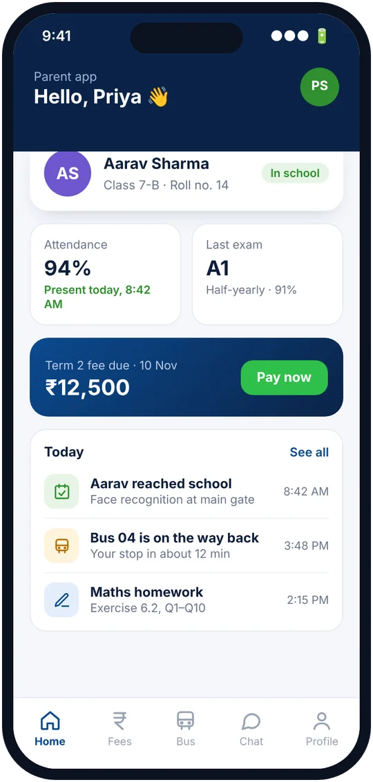 Parent app home screen with child's attendance, fee due and today's updates