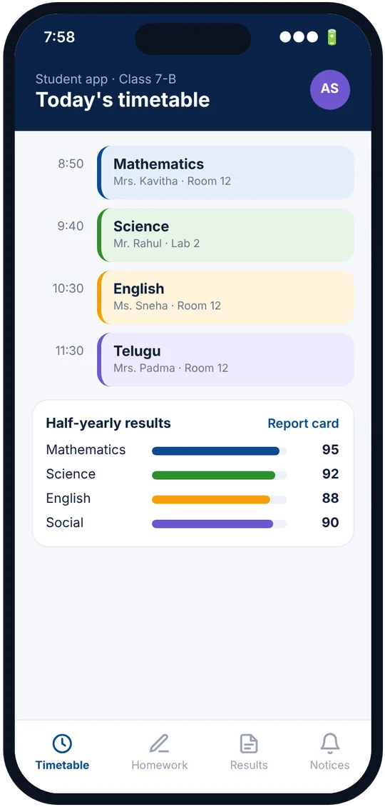 Student app screen showing today's timetable and exam results