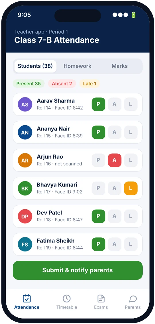 Teacher app screen for marking class attendance
