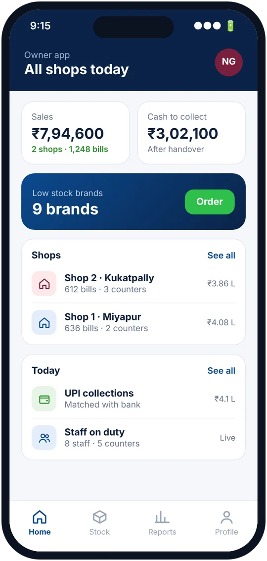 Owner app showing sales for two shops