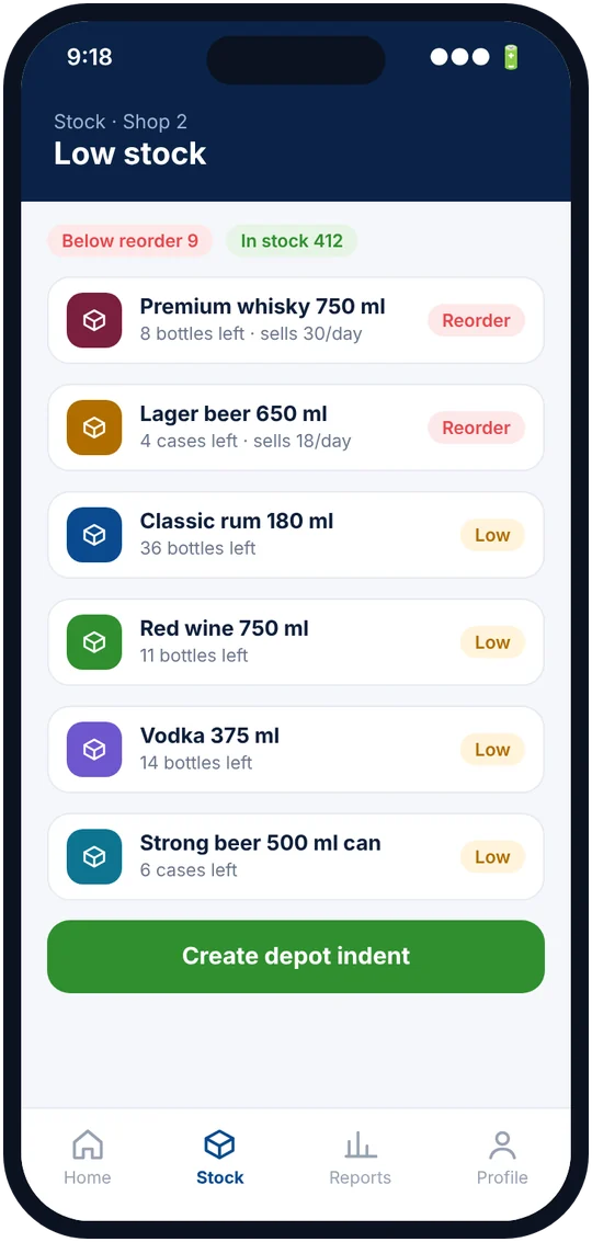 Stock app showing low-stock brands to reorder