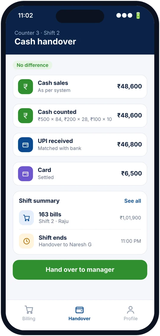 Cash handover screen matching cash, UPI and card